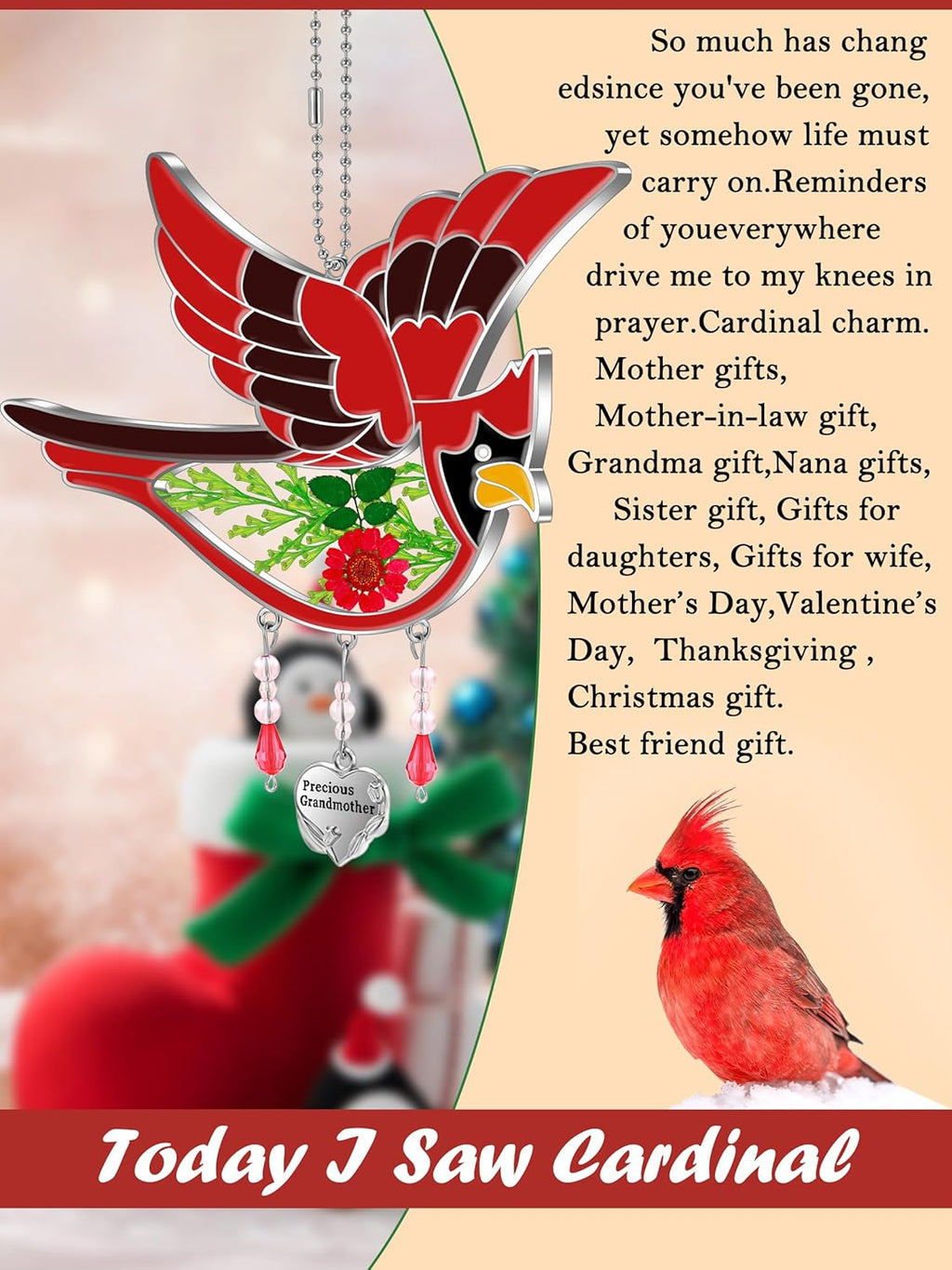 KY&BOSAM Cardinal Suncatcher Grandma Gifts Glass Suncatchers for Windows Hanings Wind Chime,Pressed Real Flower and Heart Precious Grandmother Charm Birthday Gift for Women Mother`s Day Christmas