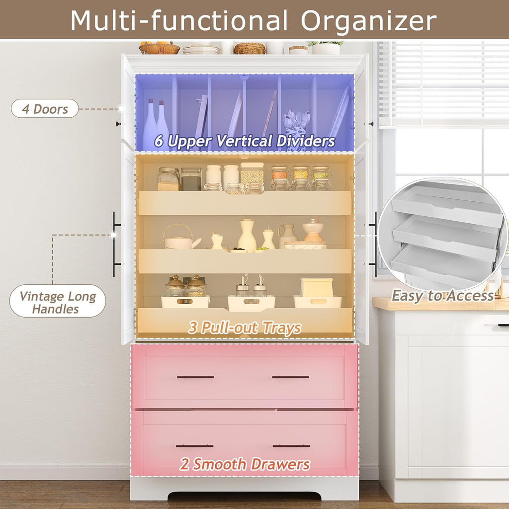 Harper & Bright Designs 72" Tall Farmhouse Kitchen Pantry with 2 Cabinets & 2 Drawers, Modern Storage Cabinet with 3 Pull-Out Trays & 4 Doors, Freestanding Cupboard for Kitchen, Dining Room,White