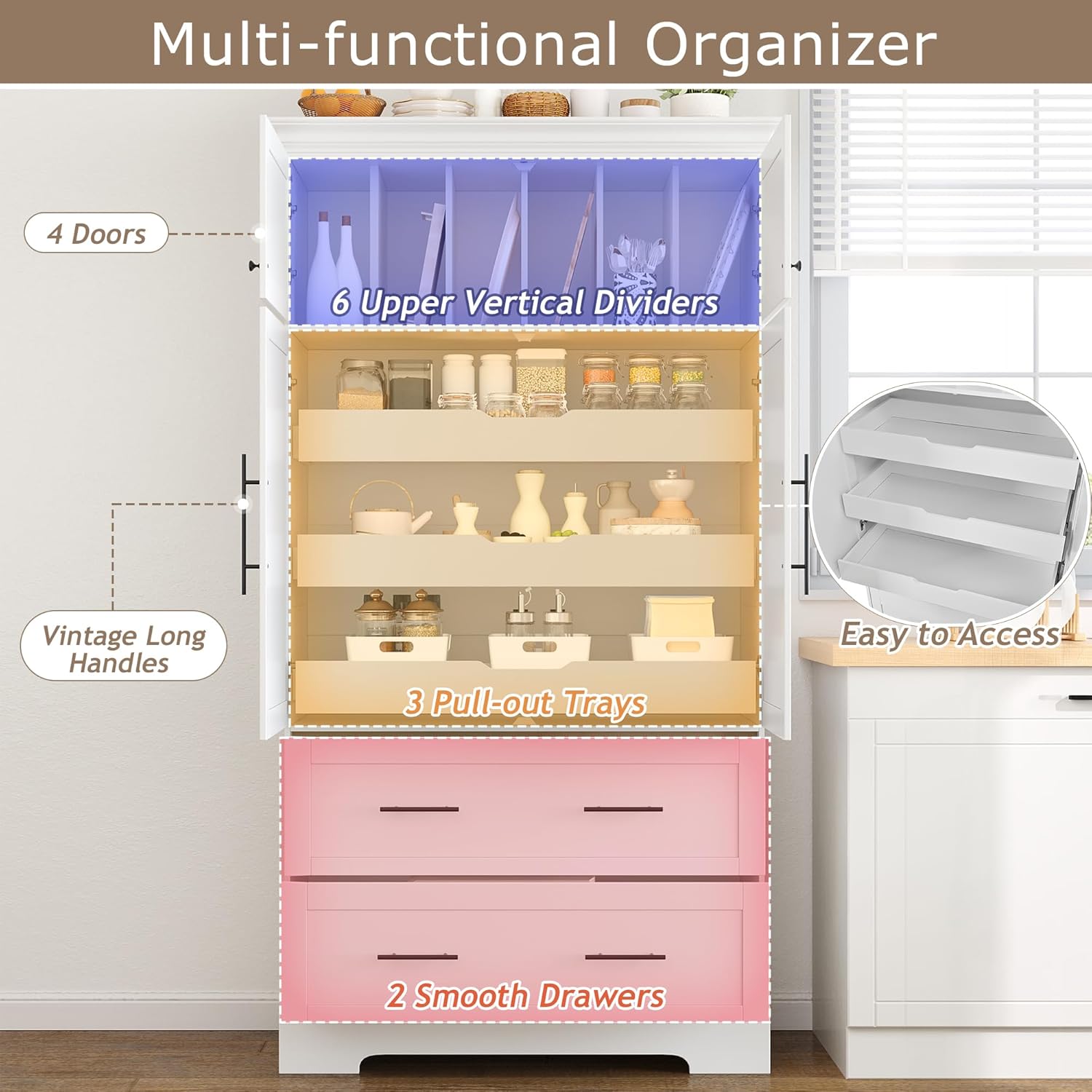 Harper & Bright Designs 72" Tall Farmhouse Kitchen Pantry with 2 Cabinets & 2 Drawers, Modern Storage Cabinet with 3 Pull-Out Trays & 4 Doors, Freestanding Cupboard for Kitchen, Dining Room,White
