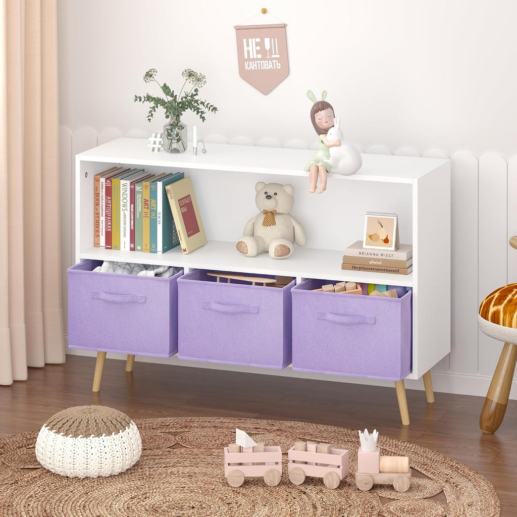 Kids Bookcase with Collapsible Fabric Drawers, Toddler Table and | Multi-purpose kids furniture set for bedroom with collapsible fabric drawers, sturdy MDF board, easy setup, perfect for