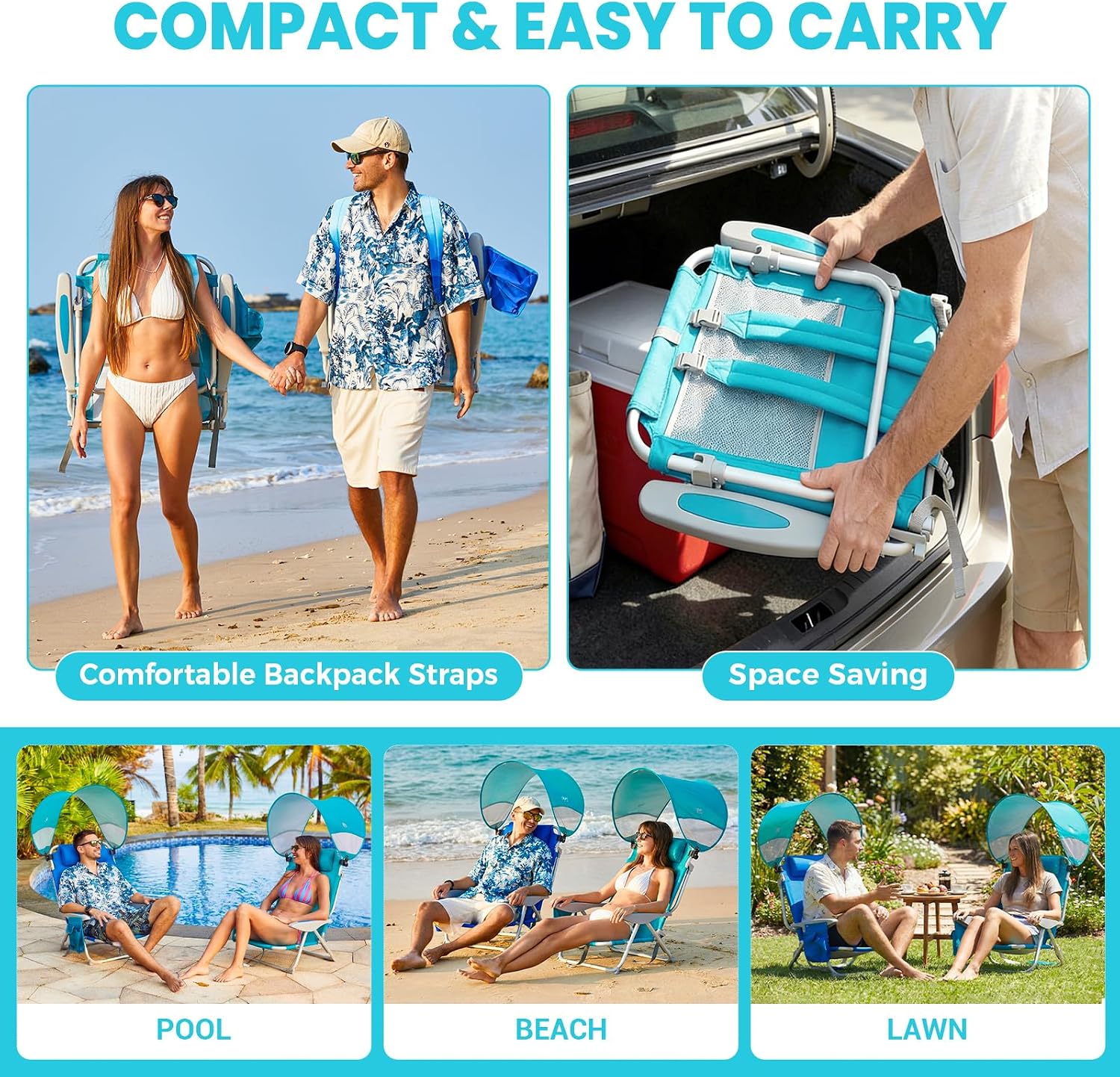 #WEJOY Beach Chair with Canopy Shade, Reclining Adjustable 4 Position, Lay Flat Lightweight Folding Portable Aluminum Chair with Backpack Straps,Padded headrest, Heavy Duty 400lbs Lawn Chair for Beach