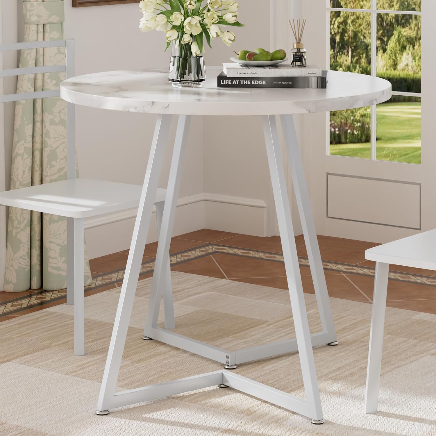 VECELO Round Dining Room Table with Wood Grain Tabletop and Steel Frame, for Kitchen, Living Room, Office, Conference, 2 to 4 Person, White Faux Marble