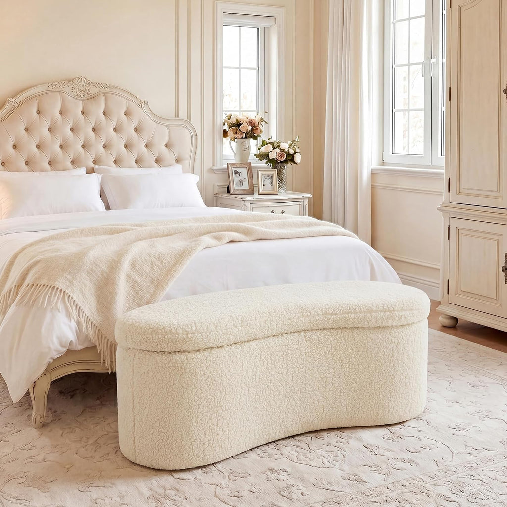 Zesthouse Storage Bench for Bedroom End of Bed, 39.4" Small Curved Entryway Ottoman Bench, White Sherpa Fabric Bench Seat for Living Room Hall Mudroom, Modern Upholstered Coffee Table Crescent Shape