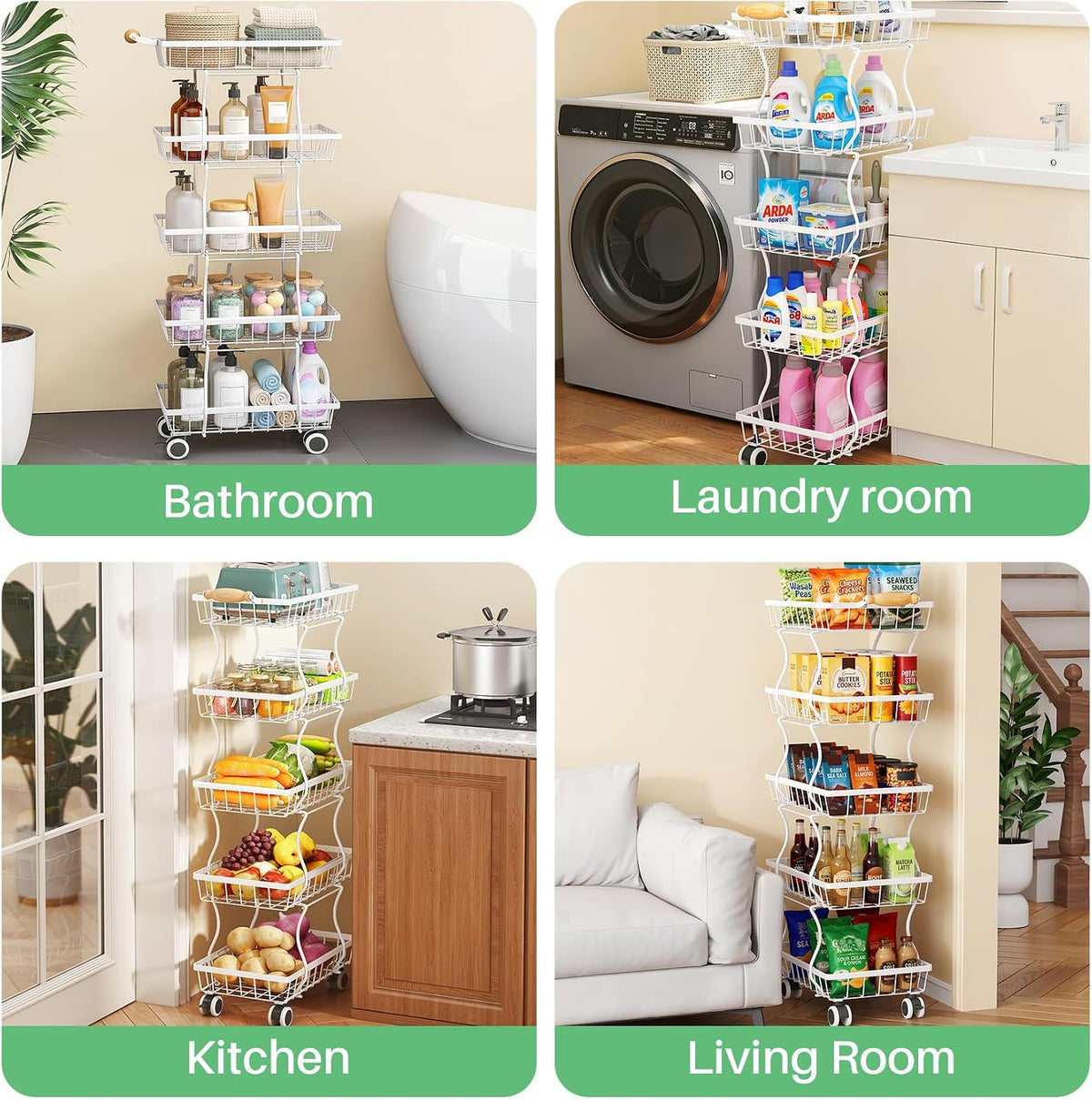 SAYZH 5-Tier Fruit Basket Stand with Vegetable Baskets for Kitchen, White | Stackable Metal Wire Basket, Sturdy Rolling Storage Carts for Kitchen, Pantry Organizer, Snack and Jar Storage