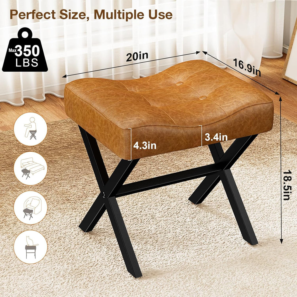 Memobarco 18-Inch Large Leather Vanity Stool, Vanity Chair with Metal X-Leg, Ottoman Accent Stool with Thick Padded Saddle Seat, Brown