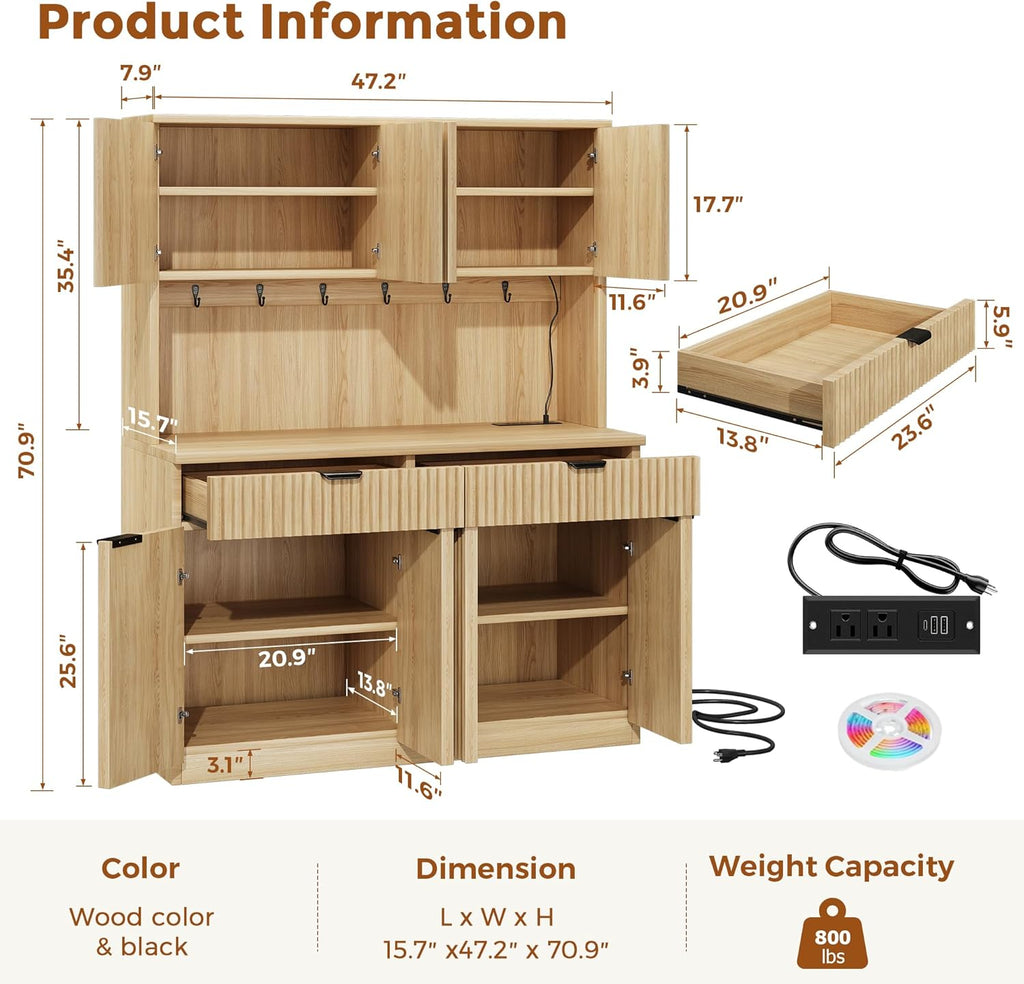 Jocoevol Fluted Kitchen Pantry Storage Cabinet with Charging Station/LED Light/Doors/Shelves, 71'' Tall Kitchen Food Hutch with Microwave Stand for Dining Room Living Room (Natural, 47 * 15.7 * 71)