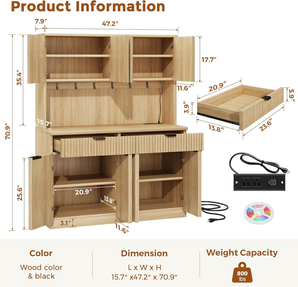 Jocoevol Fluted Kitchen Pantry Storage Cabinet with Charging Station/LED Light/Doors/Shelves, 71'' Tall Kitchen Food Hutch with Microwave Stand for Dining Room Living Room (Natural, 47 * 15.7 * 71)