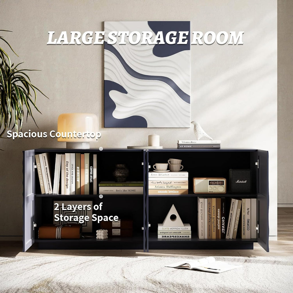 4 Door Modern Sideboard Buffet Cabinet with Spiral Grain, Accent Storage Sideboard Freestanding Anti-Dumping Storage Cabinet Buffet for Kitchen & Living Room (Navy Blue)