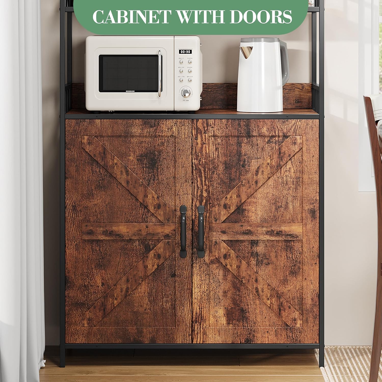 71" Tall Bar Cabinet with Wine Rack & Storage Shelves, 3-Tier Freestanding Backers Rack with Barn Door, Metal Structure Coffee Bar Table for Kitchen Dining Room, Retro Color
