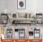 Tall Side Table with Drawer and Shelves, Narrow End Table with Optional Wheels, 4-Tier Small Side Table, 30" High for Living Room, Bedroom, Bathroom, Black & Grey