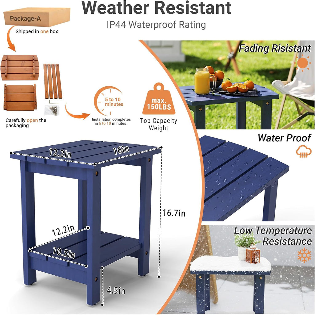 2-Tier Adirondack Side Table 17" with Double Shelf, Easy Assembly Solid Wood End Table,Outdoor & Indoor Small Table for Living Room,Patio, Poolside, Porch - Weather Resistant Navy Blue