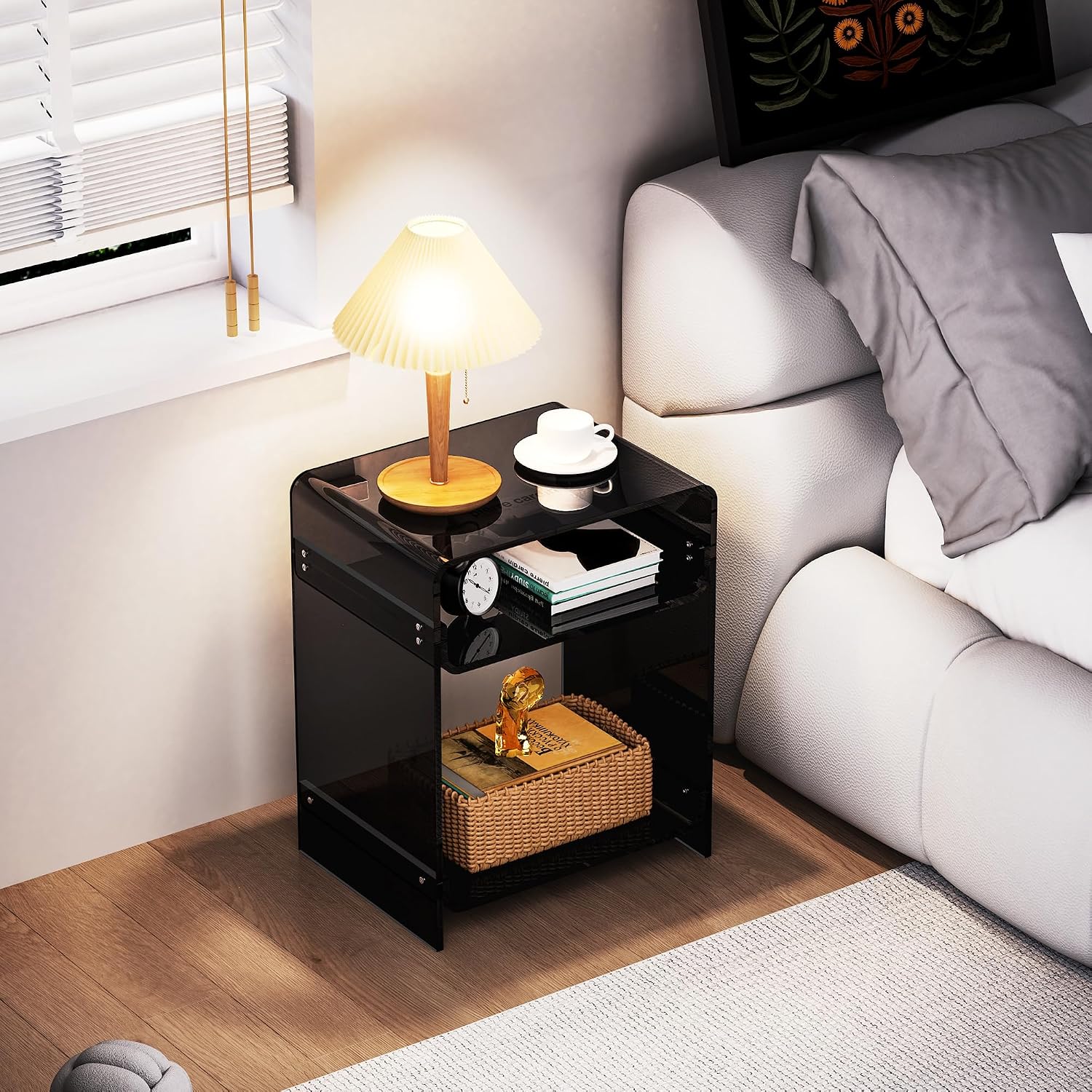 Acrylic End Table Record Player Table with Storage Shelf Clear Side Table Nightstand (Black)