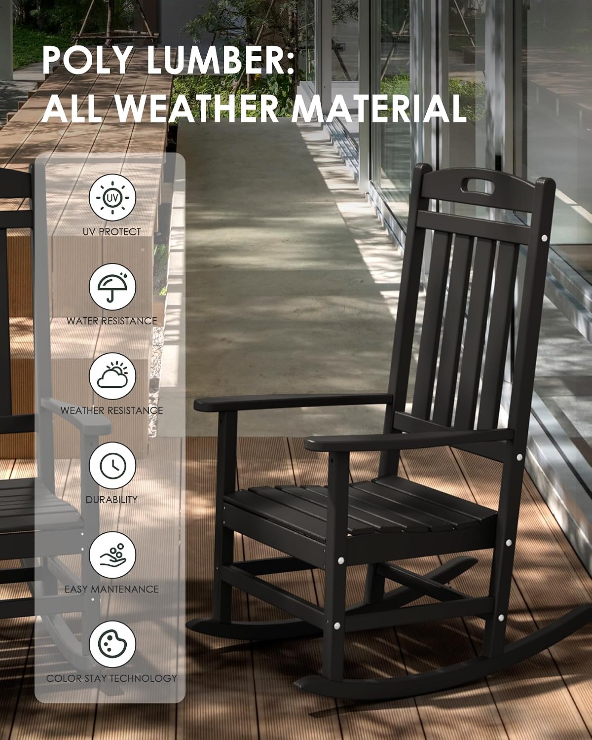 Outdoor Rocking Chair, All-Weather Resistant Poly Lumber Rocker Chair Outdoor, High Back Plastic Patio Rocking Chairs for Outside Porch Rocker Garden Lawn, Black