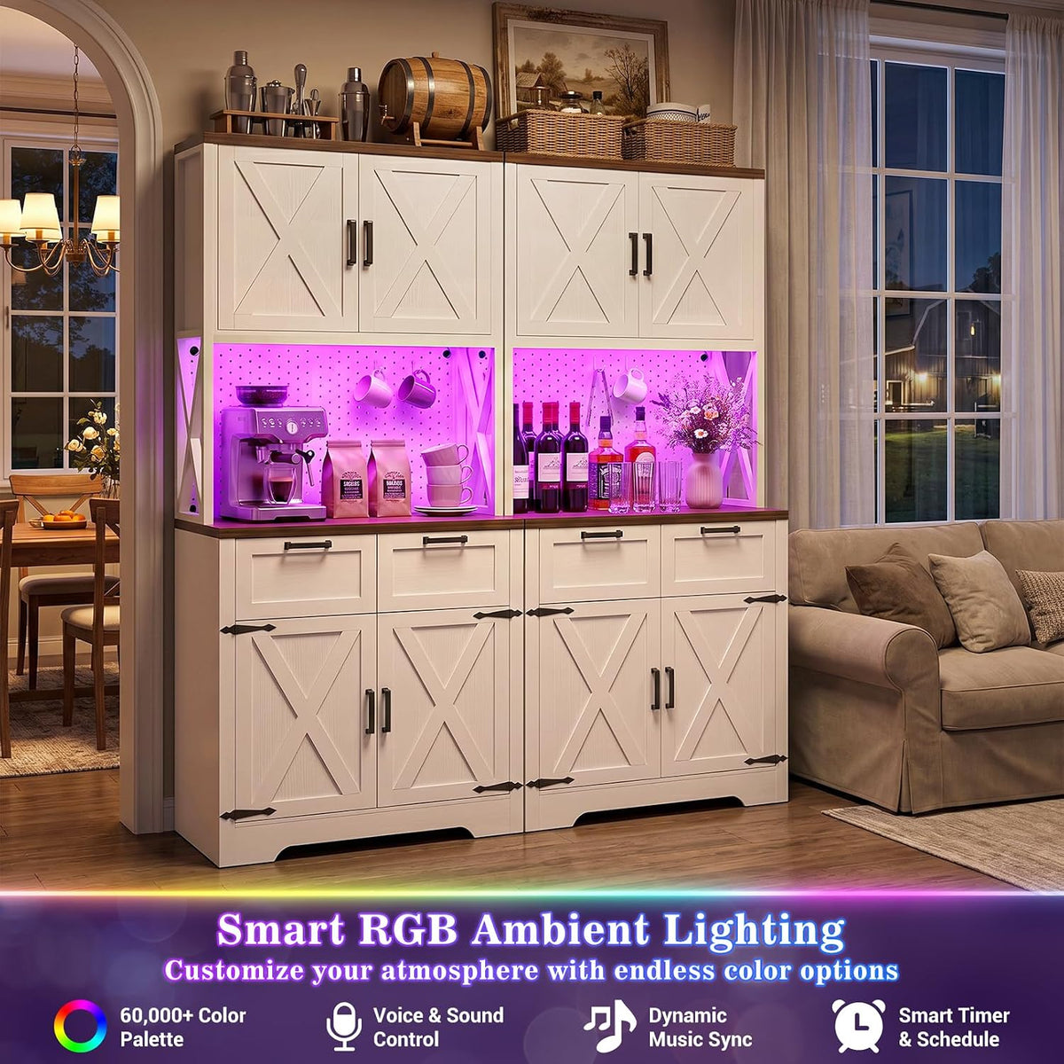 Unikito 71" Tall Kitchen Pantry Cabinet with Microwave Countertop, 63" Wide Pantry Storage Cabinet with Charging Station & LED Lights,Large Kitchen Hutch Cabinet with Drawers for Dining Room, White