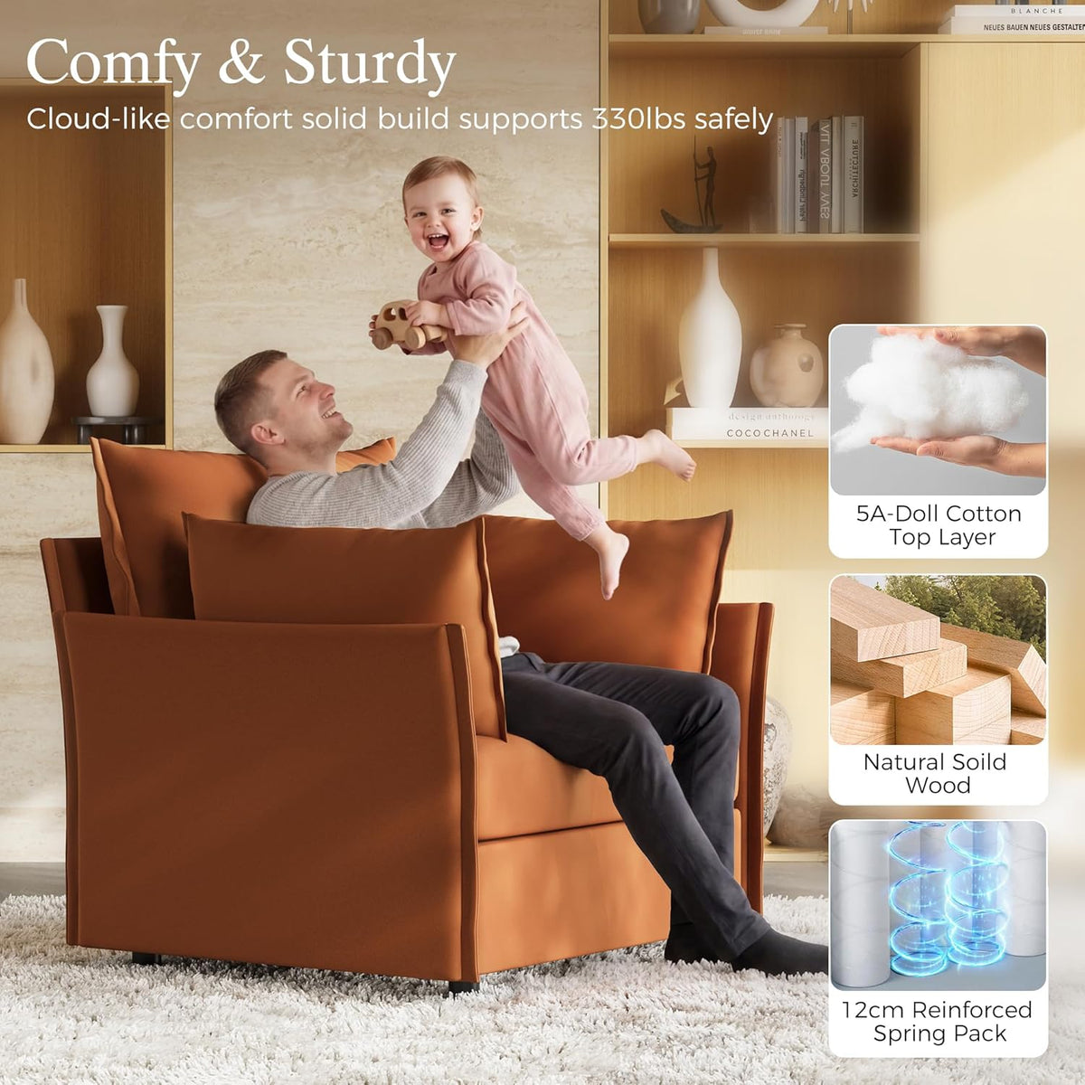 ABCASA Oversized Velvet Accent Chair with Removable Covers, Extra Deep Seat & Wide Reading Chair with 2 Pillows for Living Room, High Back, Terracotta