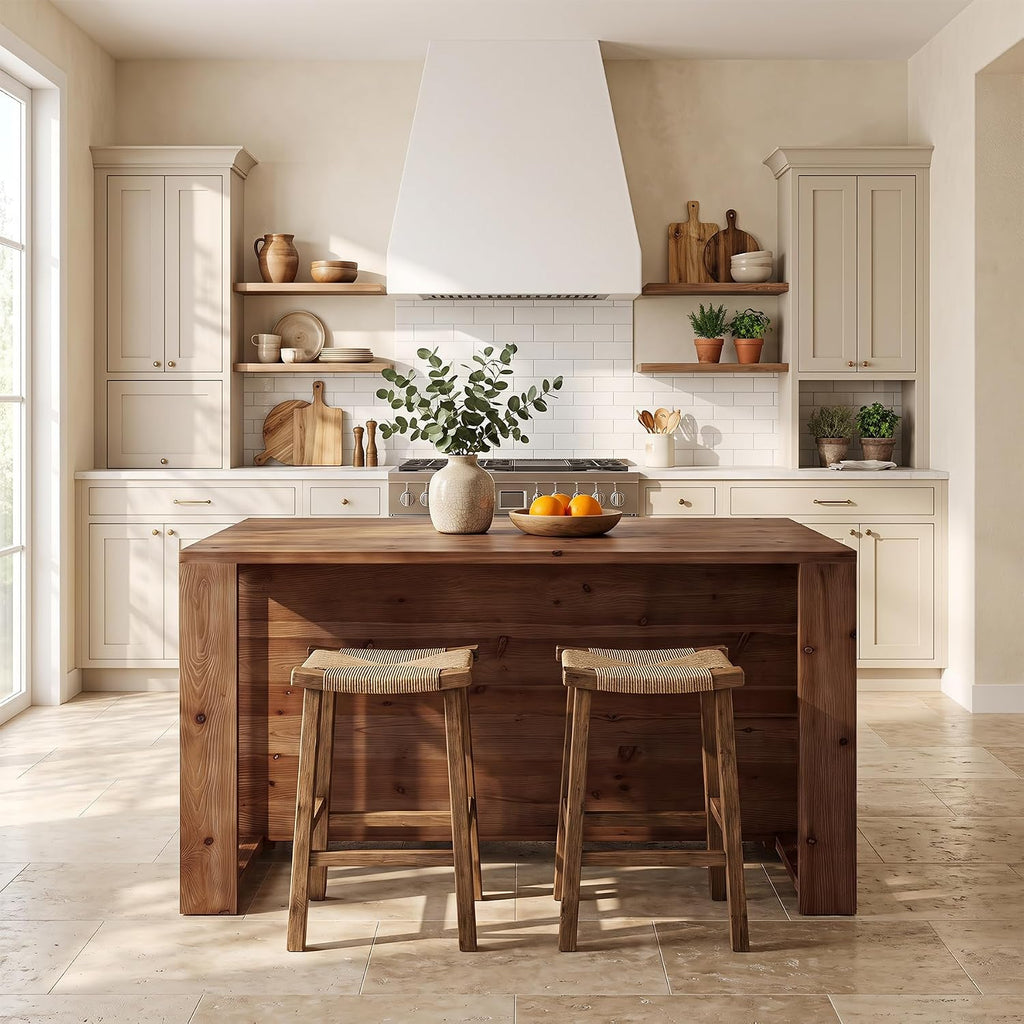 55" Solid Wood Kitchen Island with Storage and Seating, 3-Tier | Farmhouse Stationary Island Table, Side Slatted Design, Large Worktop, Closed Back Panel, Rustic Counter Height Dining Table