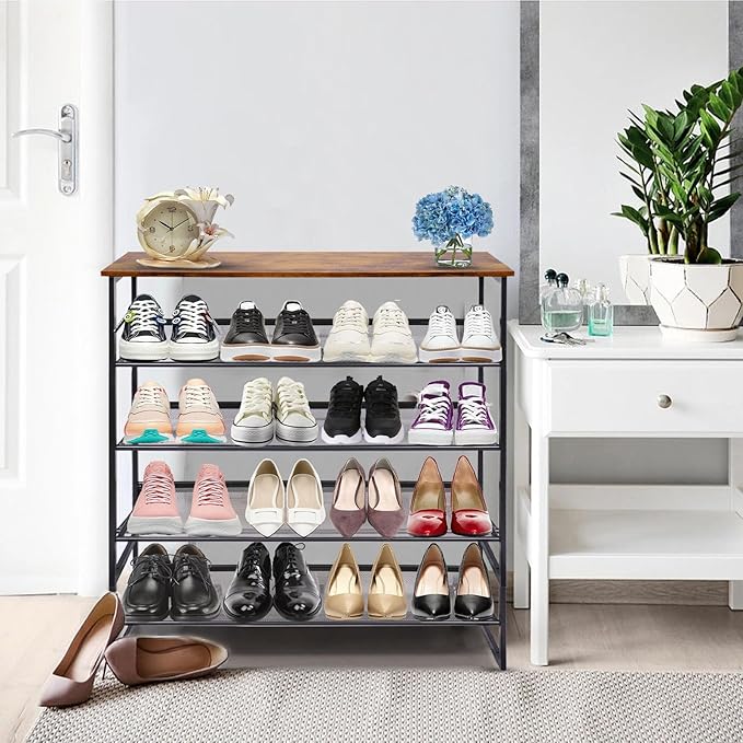 Garden 4 you 5-Tier Tilting Adjustable Freestanding Shoe Rack 12-Pairs for Durability and Stability for Entryways, Hallways, Closets, Dormitory Rooms, and Industries，Brown