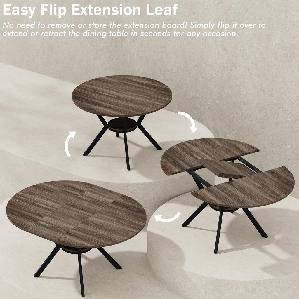 MECHYIN 42"-58" Extendable Round Dining Table for 4-6,with Storage Shelf | Space‑Saving Modern Oval Dining Table, Built‑in Flip Leaf, Sturdy Metal Legs, for Kitchen & Dining Room,Small Apartments