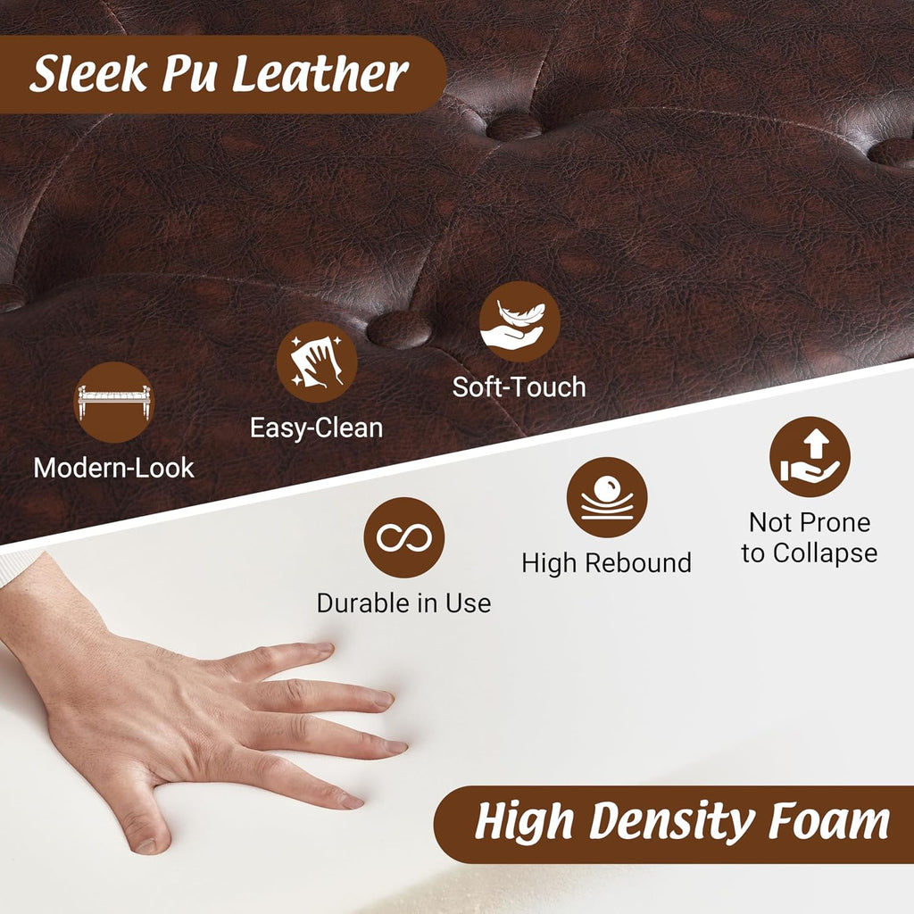 Christopher Knight Home Yae Luxurious PU Leather Upholstered End of Bed Ottoman, Wooden Living Room Ottoman Bench with Fluted Legs/Cylindrical Arm, Long Entryway Bench with Button Tufting, Brown