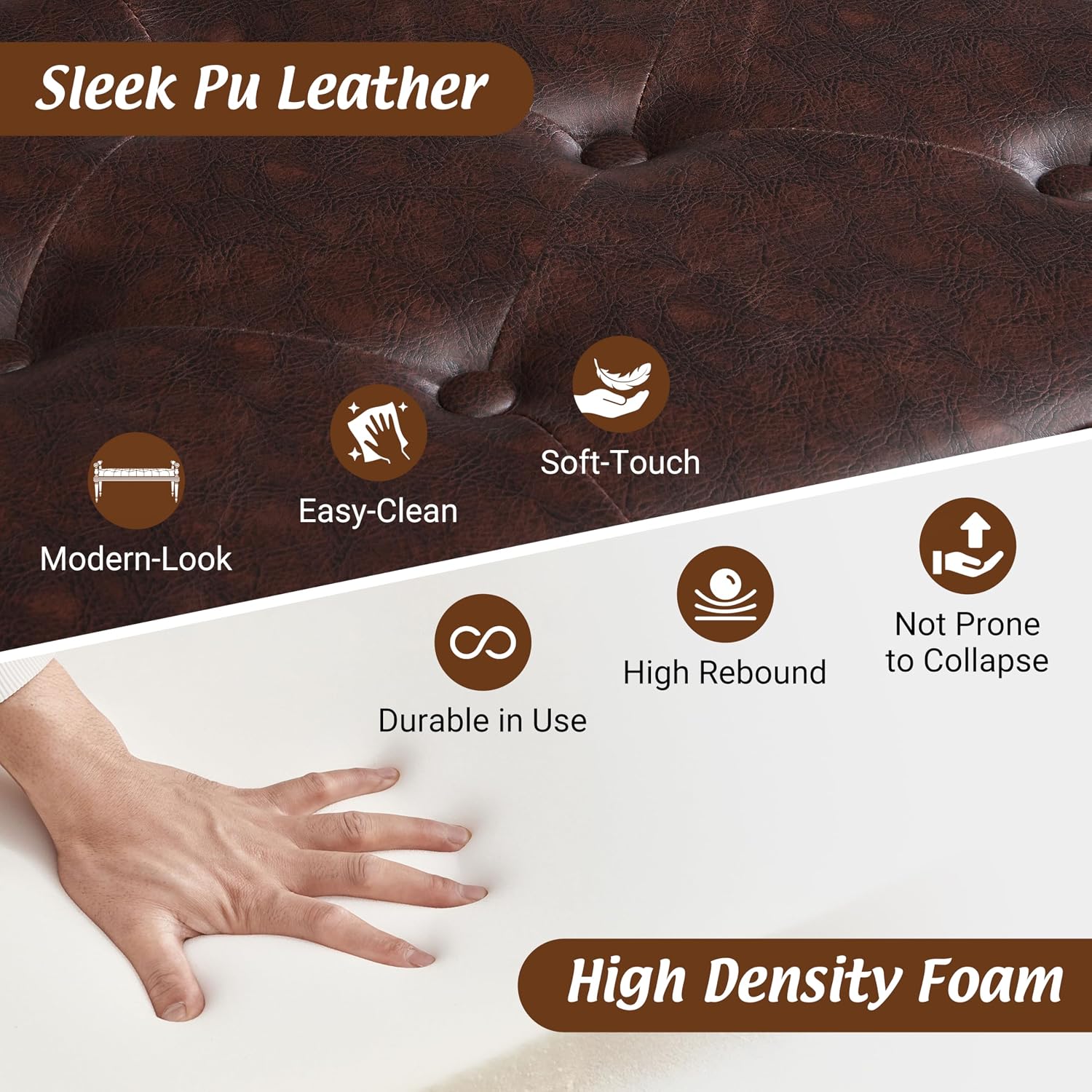 Christopher Knight Home Yae Luxurious PU Leather Upholstered End of Bed Ottoman, Wooden Living Room Ottoman Bench with Fluted Legs/Cylindrical Arm, Long Entryway Bench with Button Tufting, Brown