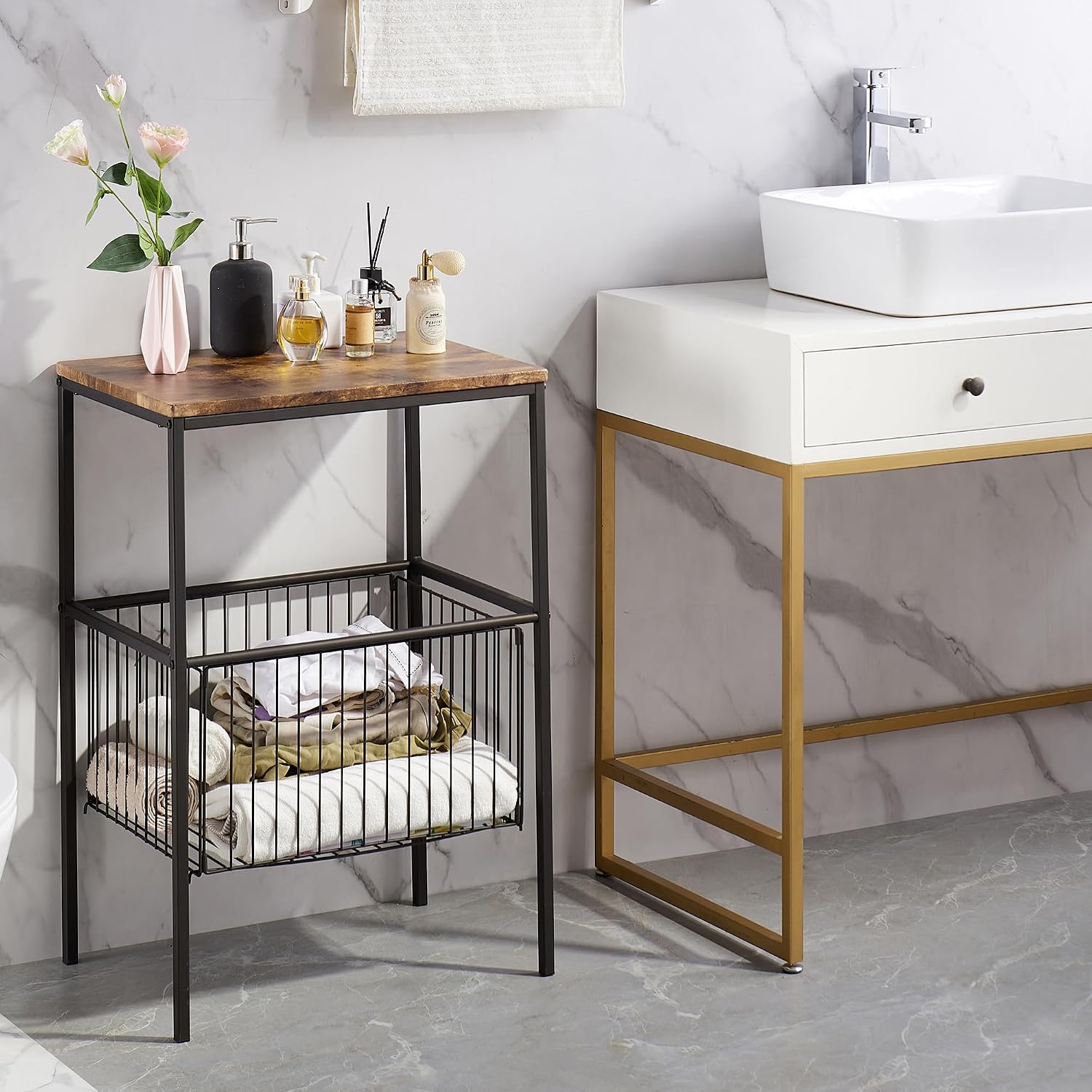 VECELO Tall End Table with Metal Basket,Nightstand with Shelf Storage Organizer, Wood Night Stand with Metal Frame, Waterproof for Bedroom, Living Room, Bathroom