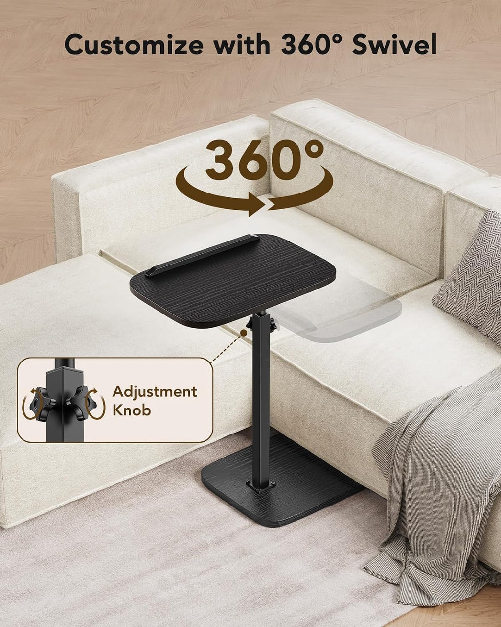 HUANUO TV Tray with Height Adjustment, 360° Swivel, 90° Tilt, Black | 19"–31.5" Height Range, Dual Knobs & Crossbeam for Stability, Anti-slip Bar, Foldable, for Eating & Working Beside Sofa, Bed