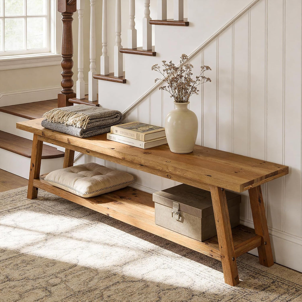 Solid Wood Entryway Bench with Shoe Storage Shelf, 62.99" Long Rustic Hallway Shoe Bench, Natural Wood Mudroom Window Seating, 400 lbs Capacity