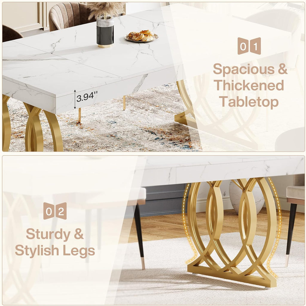 Tribesigns 63-Inch Dining Table for 4-6, Modern Kitchen Table with Faux Marble Tabletop and Geometric Legs, Rectangle Dining Room Furniture for Living Room, Kitchen, White and Gold