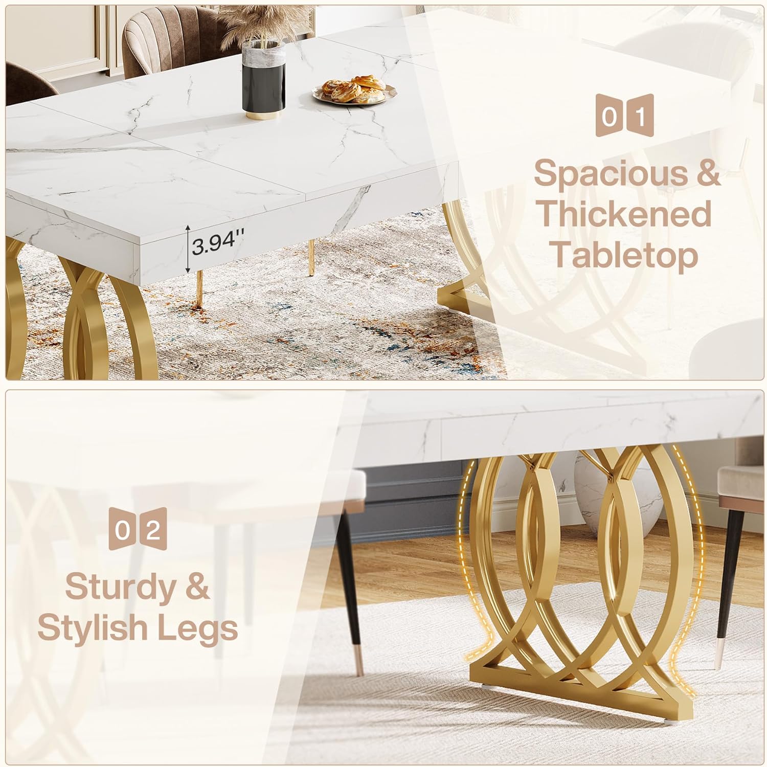 Tribesigns 63-Inch Dining Table for 4-6, Modern Kitchen Table with Faux Marble Tabletop and Geometric Legs, Rectangle Dining Room Furniture for Living Room, Kitchen, White and Gold