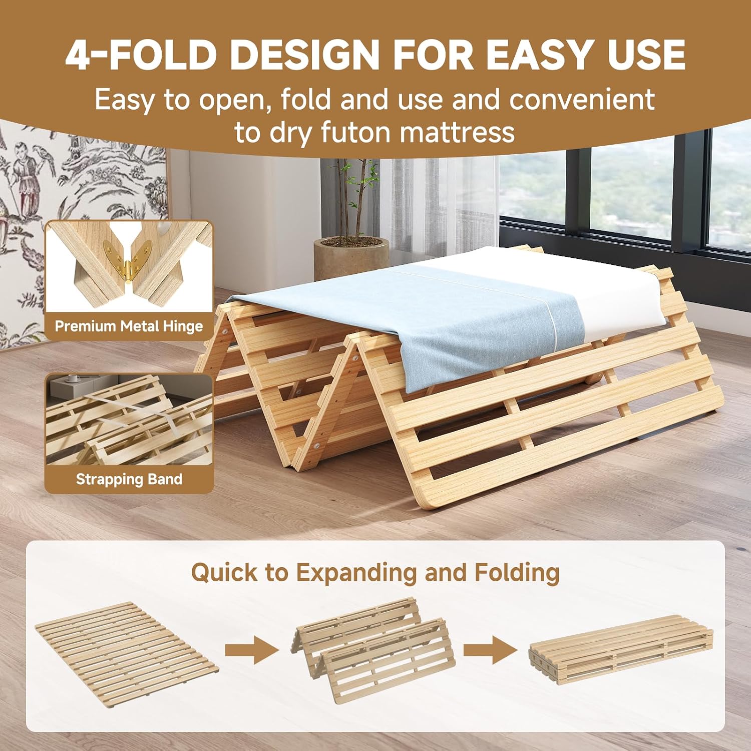 LILYPELLE Floor Bed Frame Full, Foldable Tatami Bed Frame Futon Frame | Breathable Moisture-Proof Bed Plate, Wood Slatted Floor Bed Frame, Japanese Floor Beds for Floor Sleeping & Futon Mattress