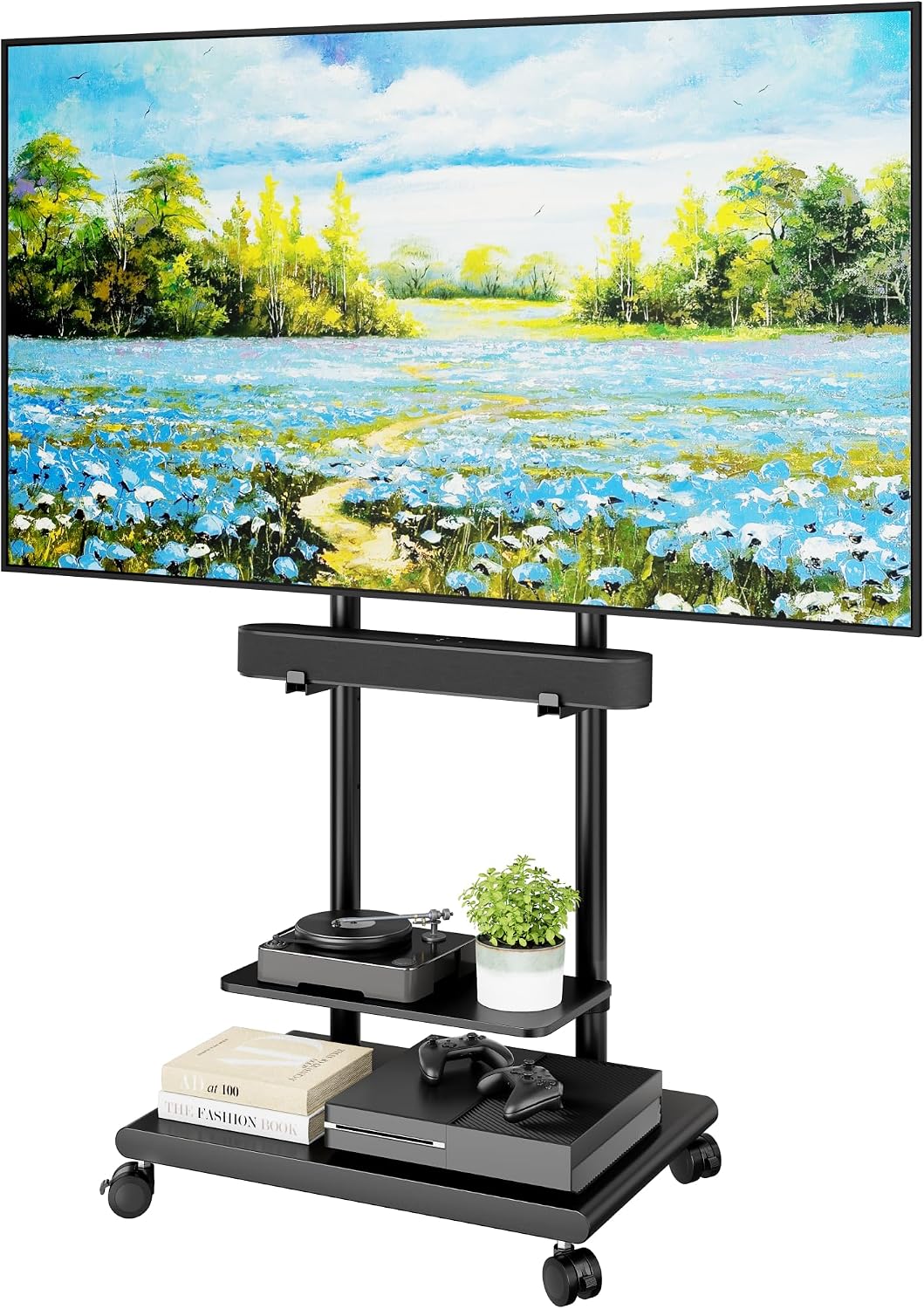 Rolling TV Stand with Soundbar Mount for 37-75inch TVs up to 154lbs | Swivel&Tilt Mobile TV Stand with Large Storage,Height Adjustable,Steel Base,Max VESA 600x400mm,Sturdiness,Easy Assembly,Black