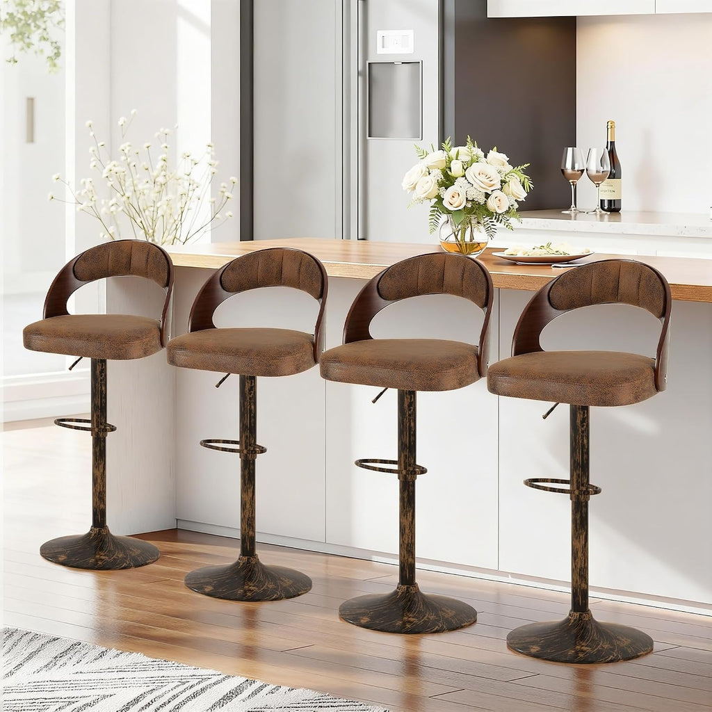 VECELO Bar Stool Set of 2,Kitchen Island Stools with Bentwood Back,Arm&Footrest,360°Swivel Counter Height Stools,PU Leather Cushion Seat Adjustable Height for Club Pub&Kitchen,Dark Brown