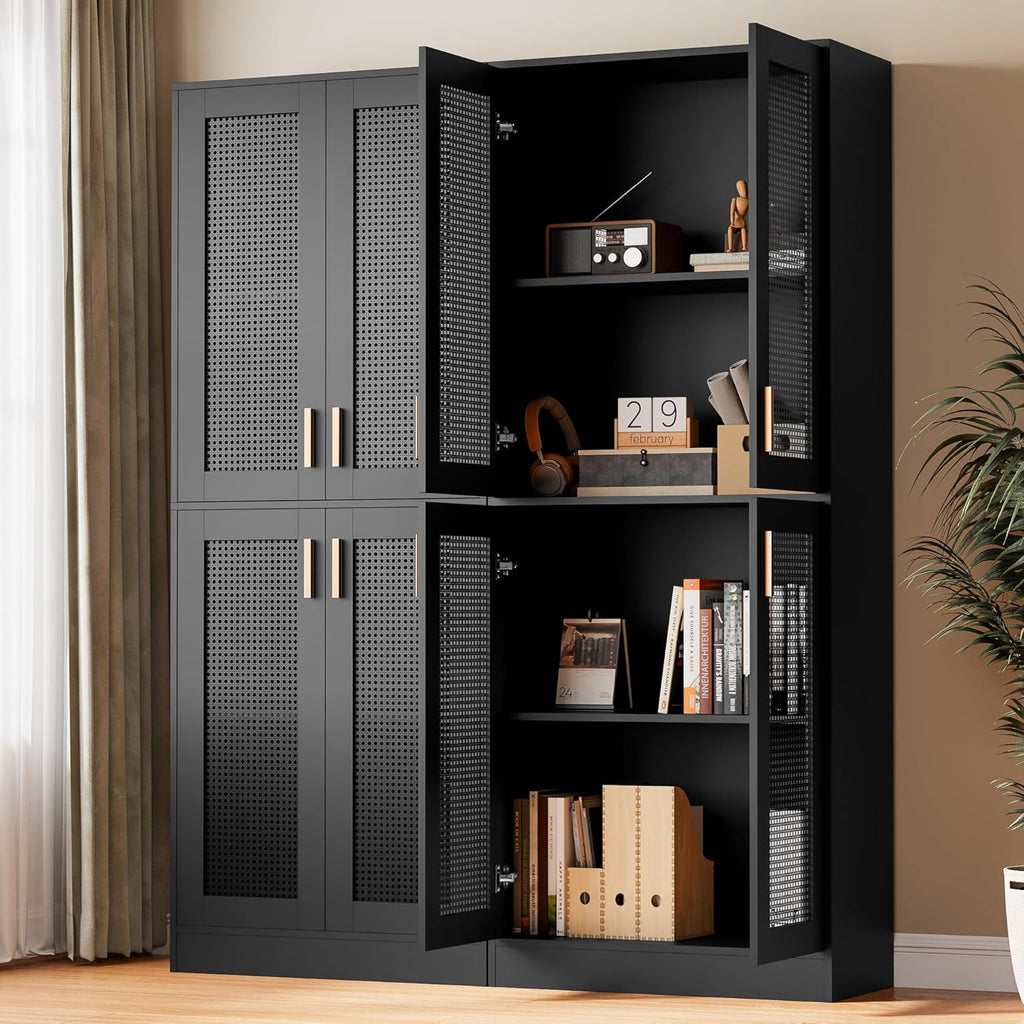 Cozy Castle Kitchen Pantry Cabinet, 71" Tall Rattan Doors Storage Cabinet and Adjustable Shelves, Modern Farmhouse Wood Cupboard Utility Hutch for Kitchen, Dining Room, Living Room (Black)