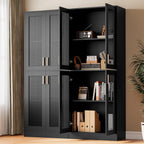 Cozy Castle Kitchen Pantry Cabinet, 71" Tall Rattan Doors Storage Cabinet and Adjustable Shelves, Modern Farmhouse Wood Cupboard Utility Hutch for Kitchen, Dining Room, Living Room (Black)