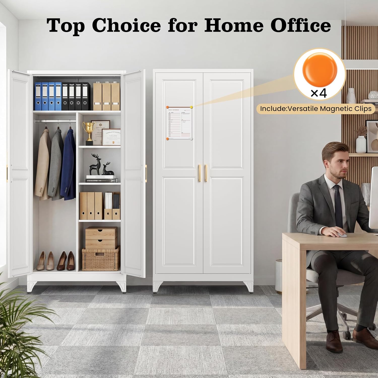 71" Metal Storage Cabinet with Hanging Rod, Tall White Wardrobe Closet with 3 Adjustable Shelves, Heavy Duty Steel Office Armoire, Modern Minimalist Design for Bedroom, Laundry Room