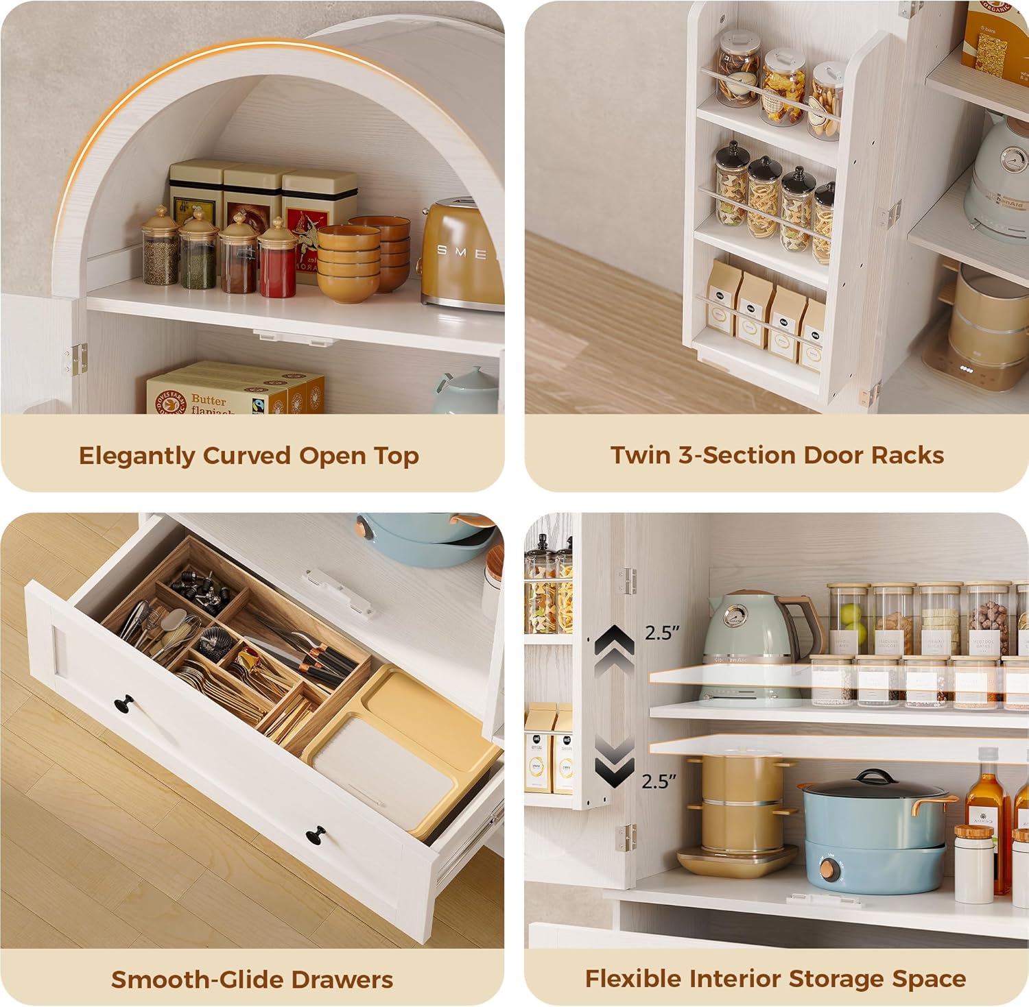 IRONCK 70.9 in Kitchen Pantry with Large Drawer Adjustable Shelves | kitchen pantry; 2 doors; large drawer; adjustable shelves; arched open shelving