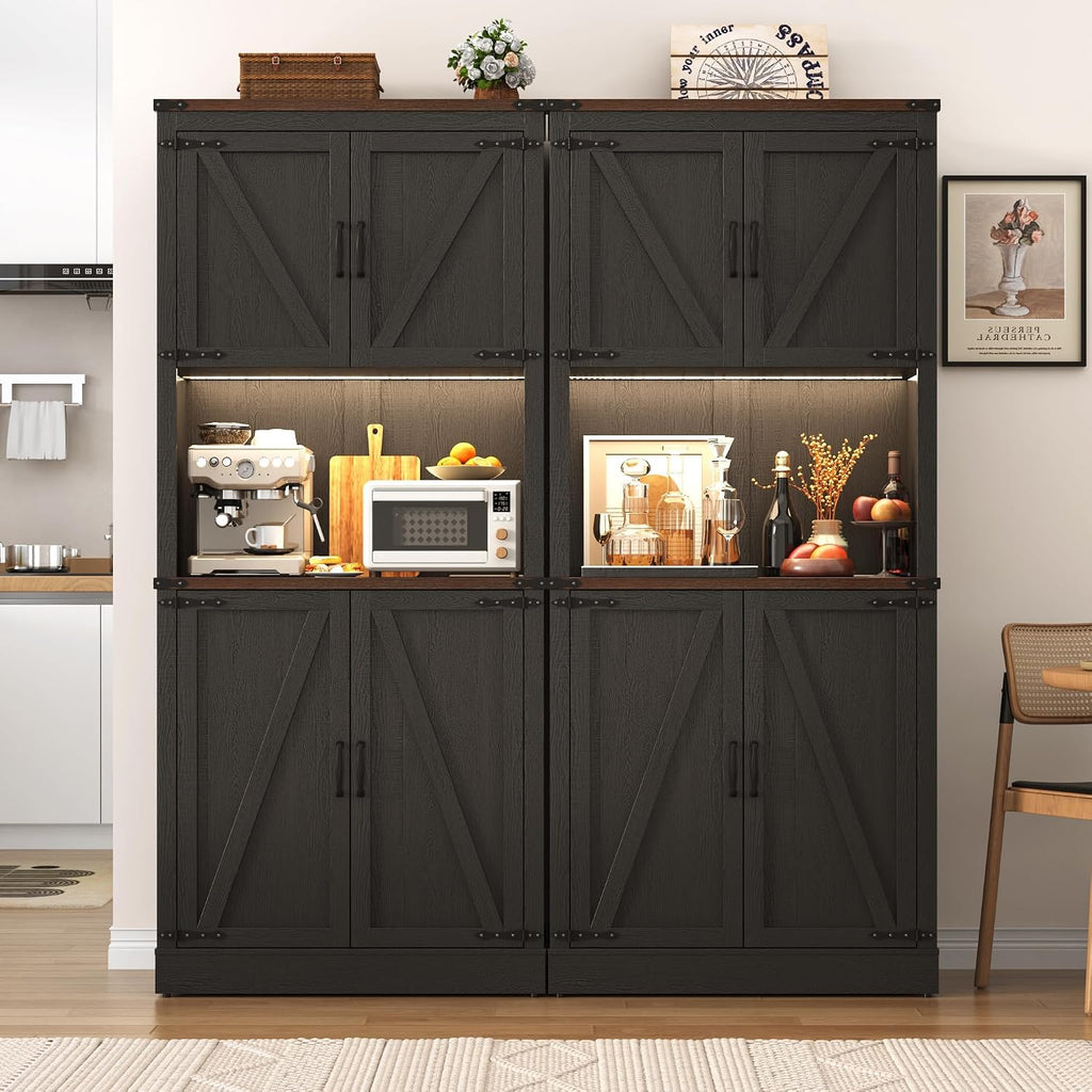 72" Tall Farmhouse Kitchen Pantry Cabinet with LED Light and Power Outlet,Modern Farmhouse Kitchen Storage Cabinet w Load-Bearing Steel Pipe,Barn Doors, Organizer,Food Pantry Cabinets(Black)