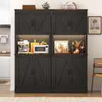 72" Tall Farmhouse Kitchen Pantry Cabinet with LED Light and Power Outlet,Modern Farmhouse Kitchen Storage Cabinet w Load-Bearing Steel Pipe,Barn Doors, Organizer,Food Pantry Cabinets(Black)