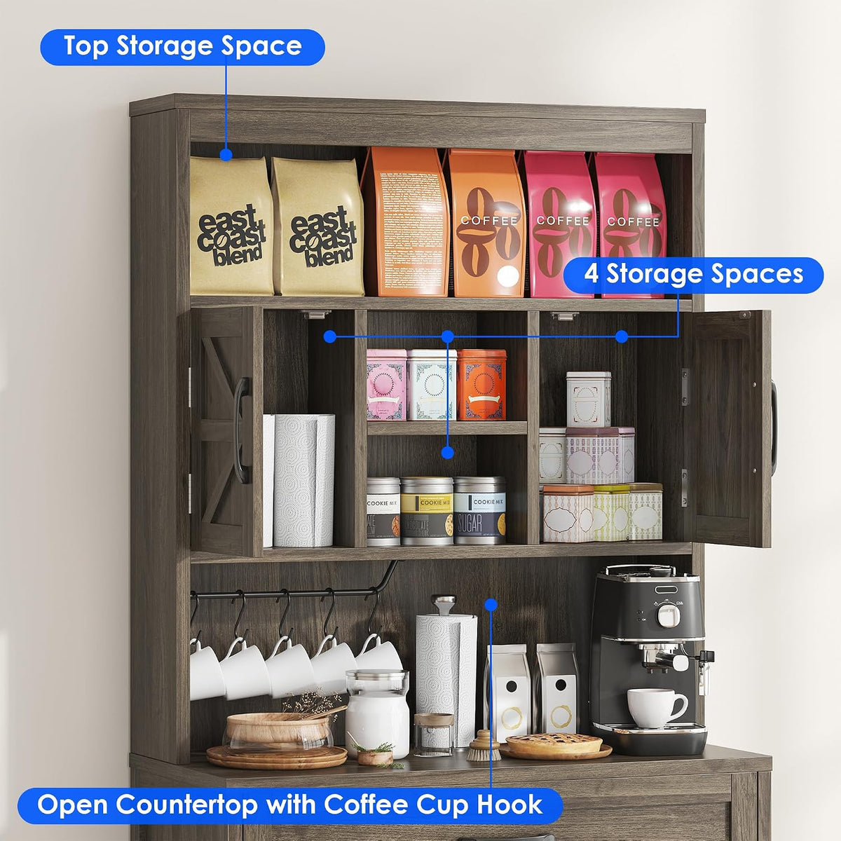 kepptory 69" Farmhouse Pantry Cabinet with Large Drawer, Tall Kitchen Pantry Storage Cabinet with Microwave Stand, Cup Holder and Adjustable Shelf, Kitchen Hutch for Dining Room (Grey)