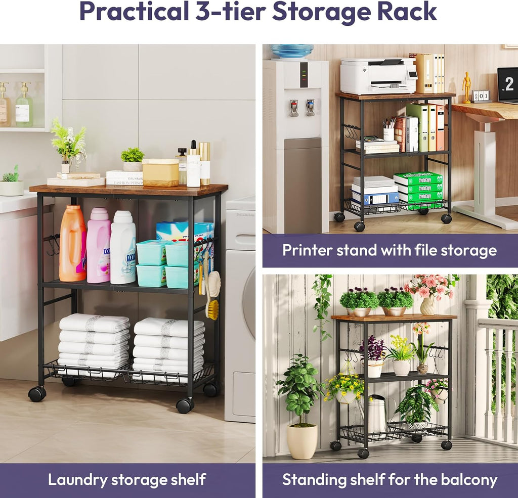 SWTYMIKI Rolling Kitchen Microwave Cart - 3 Tier Microwave Table Stand with Storage Basket and Hooks, Kitchen Utility Cart on Wheels, Coffee Cart Shelf Rack Organizer for Living Room Office, Balcony