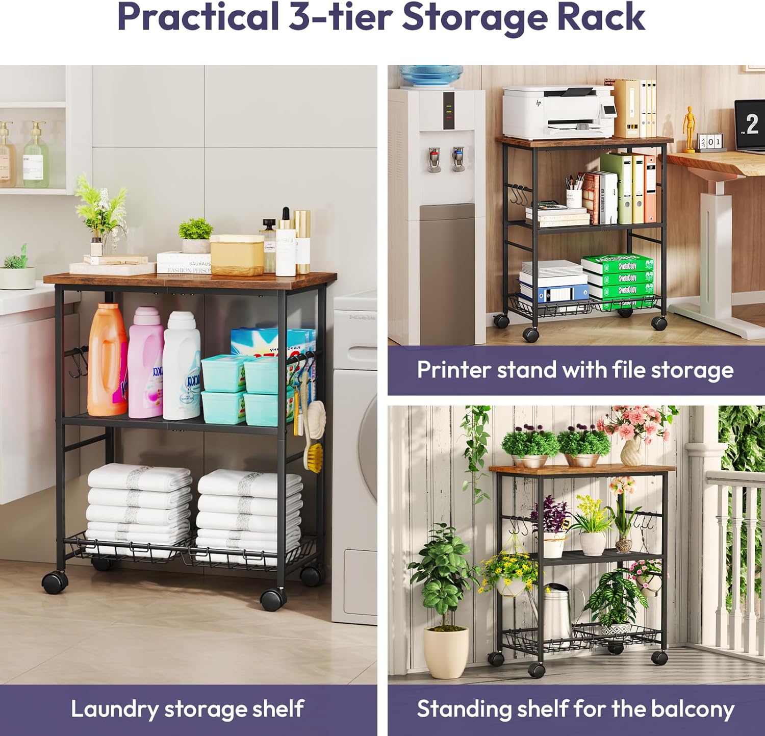 SWTYMIKI Rolling Kitchen Microwave Cart - 3 Tier Microwave Table Stand with Storage Basket and Hooks, Kitchen Utility Cart on Wheels, Coffee Cart Shelf Rack Organizer for Living Room Office, Balcony
