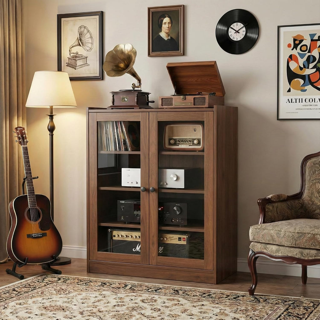 holzart Audio Stereo Cabinet with Glass Doors, 35.4" Tall Vintage AV Component Media Stand, Record Player Stand with Adjustable Shelves & Cable Management, Rustic Brown