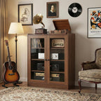 holzart Audio Stereo Cabinet with Glass Doors, 35.4" Tall Vintage AV Component Media Stand, Record Player Stand with Adjustable Shelves & Cable Management, Rustic Brown