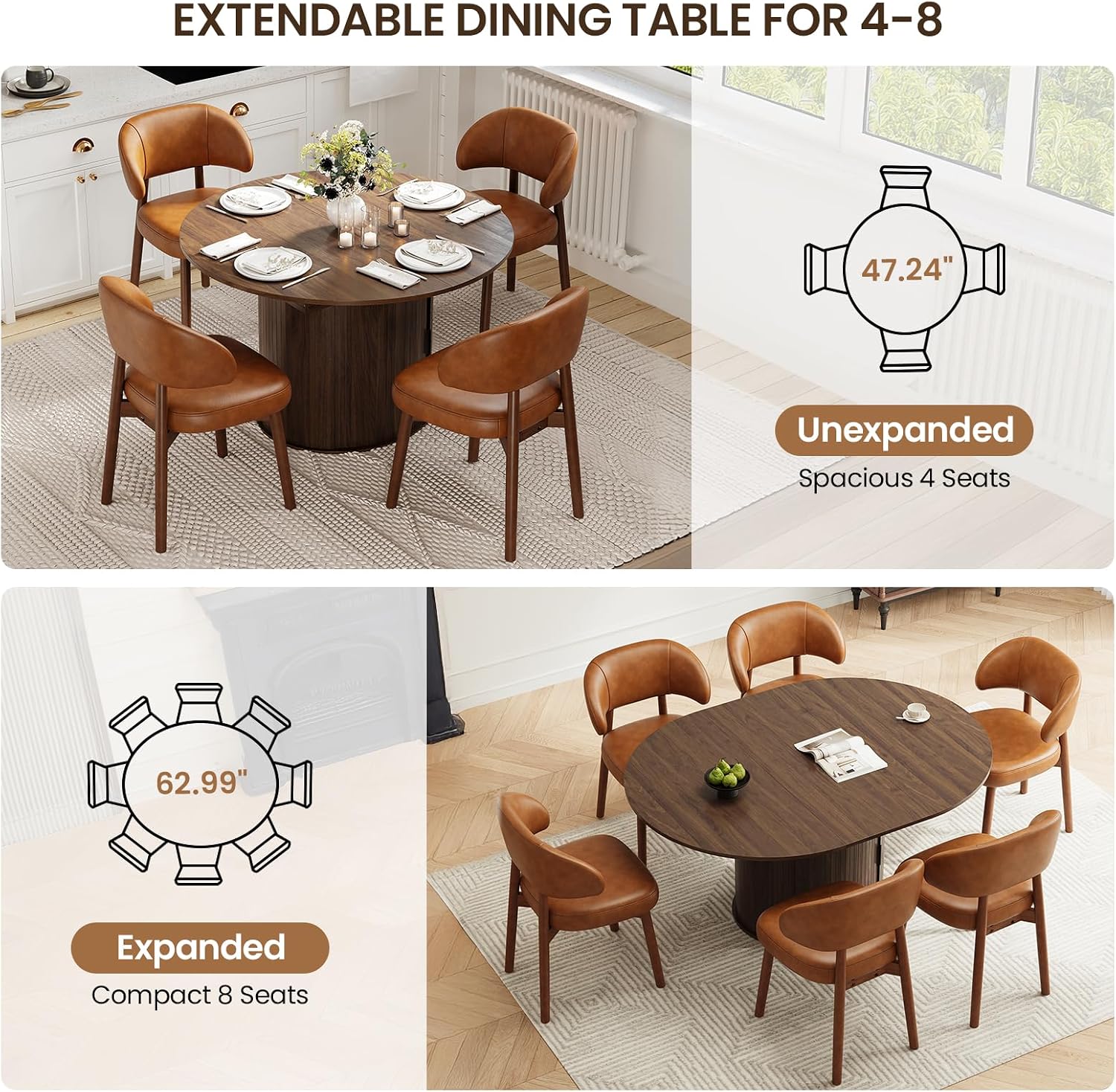 MALOL 47"-63" Extendable Round to Oval Dining Room Table Chairs Set for 4-8, Modern Wooden Kitchen Table and Chairs with Hidden Storage and Fluted Design for Dining Room/Small Space(Walnut and Brown)