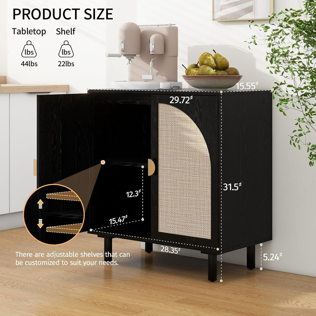 2 Doors Rattan Sideboard Cabinet– 31.5”L for Entryway/Living Room/Dining Console Table Storage, Moisture-Proof, Sturdy Golden Semi-Circular Metal Handles