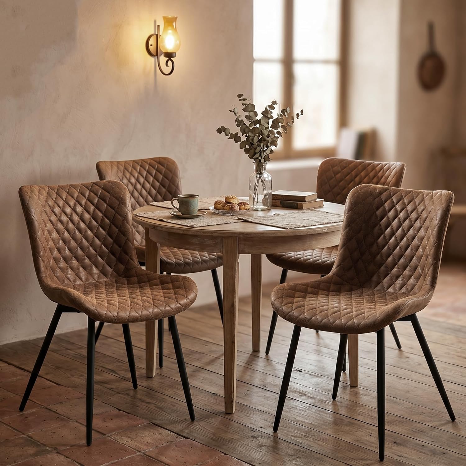 Modern Dining Chairs Set of 2, Upholstered Suede Dining Chairs with Curved Back & Thick Cushion Seat, Mid Century Armless Kitchen & Dining Room Chairs with Black Metal Legs, Brown