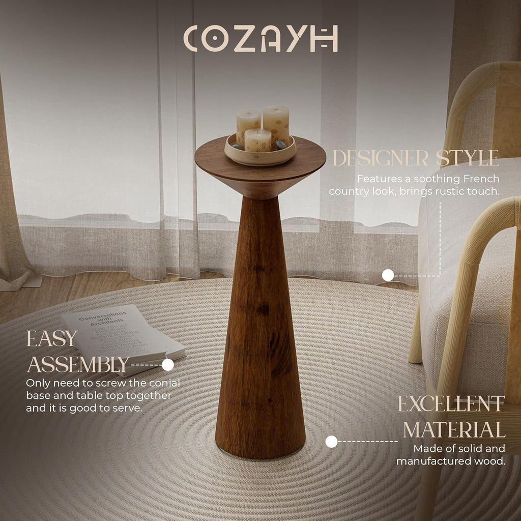 COZAYH Set of 2 22.8-Inch Tall Round Martini End Table, Walnut – Solid Pine Wood Pedestal Accent Drink Stand with Tapered Base – Farmhouse Modern Furniture for Living Room, Bedroom & Small Spaces