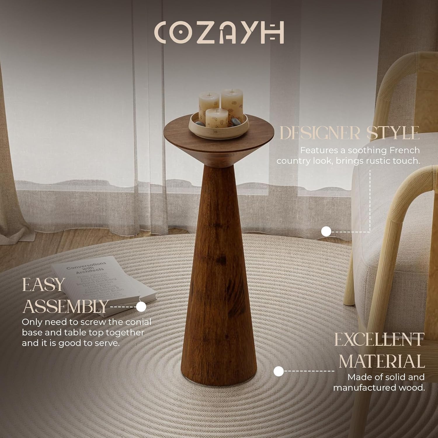 COZAYH Set of 2 22.8-Inch Tall Round Martini End Table, Walnut – Solid Pine Wood Pedestal Accent Drink Stand with Tapered Base – Farmhouse Modern Furniture for Living Room, Bedroom & Small Spaces