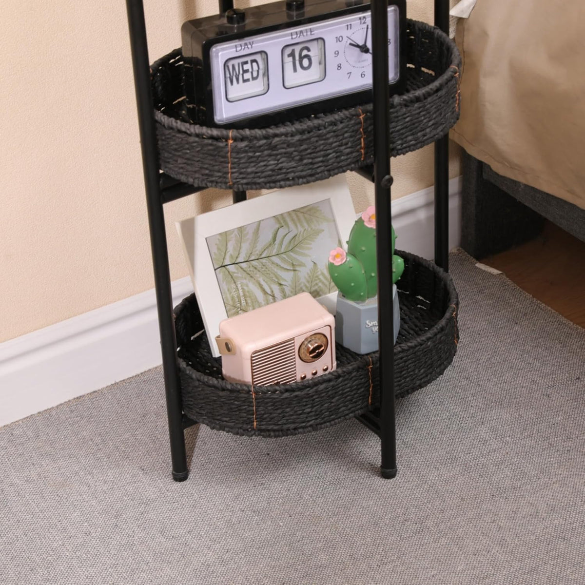 3 Tier Handwoven Oval Side Table Storage Basket with Detachable Trays | Woven Paper Rope Organizer for Living Room Bedroom Kitchen | Sturdy Metal Frame Tiered Shelf for Home Decor (Black)