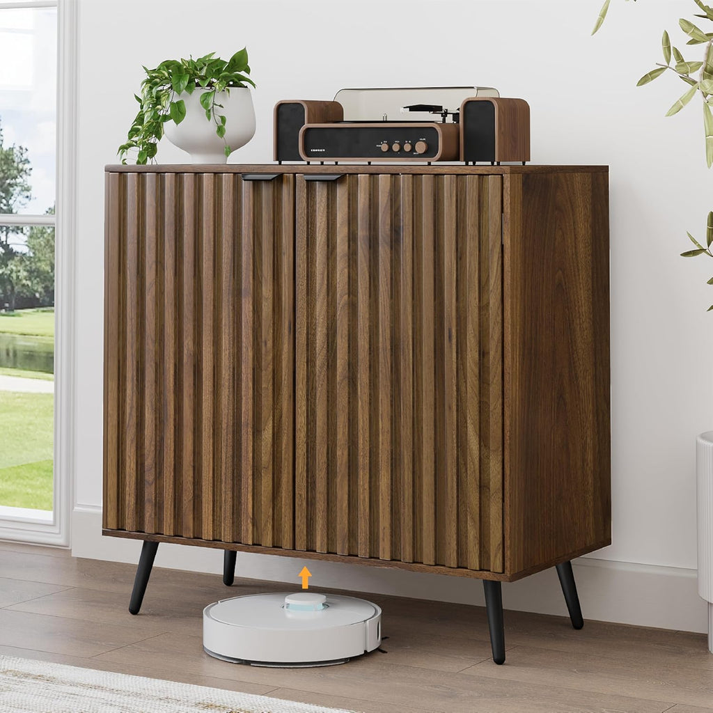 Smuxee Fluted Sideboard Cabinet, Freestanding Walnut Buffet Cabinet with Adjustable Shelf, Wood Storage Cabinet for Living Room, Entryway, Hallway